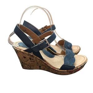 Born Womens Boise Sandal Size 8 Blue Leather Floral Cork Wedge Heels Platform